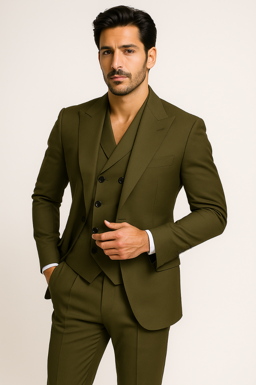 Tiglio Rosso Suit - Classic Fit Athletic Cut 100% Wool Super 150s Italian Fabric Peak Lapel in Color Olive