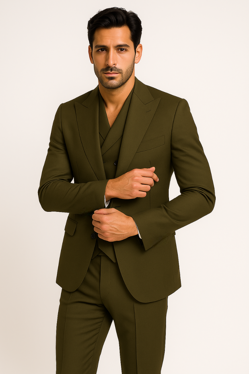 Tiglio Rosso Suit - Classic Fit Athletic Cut 100% Wool Super 150s Italian Fabric Peak Lapel in Color Olive