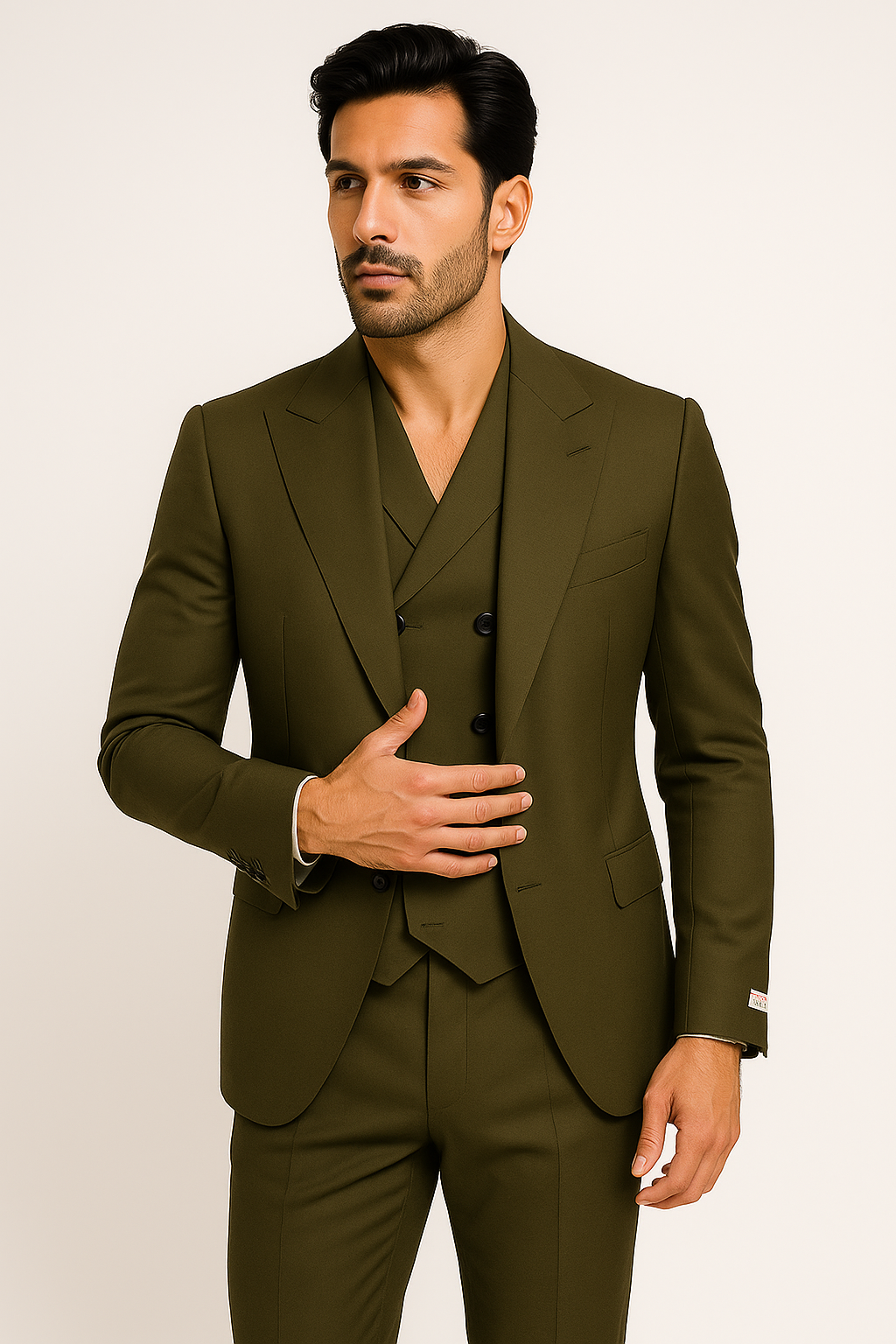 Tiglio Rosso Suit - Classic Fit Athletic Cut 100% Wool Super 150s Italian Fabric Peak Lapel in Color Olive