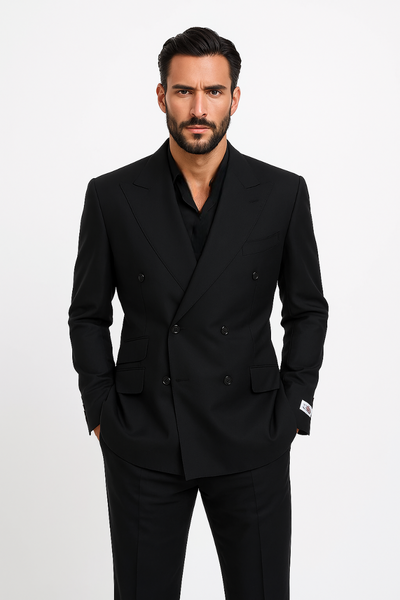 Tiglio Rosso Suit - Classic Fit Athletic Cut 100% Wool Super 150s Italian Fabric Peak Lapel in Color Dark Black