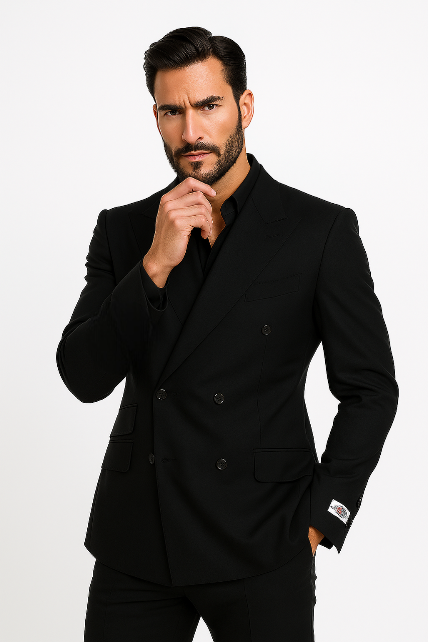Tiglio Rosso Suit - Classic Fit Athletic Cut 100% Wool Super 150s Italian Fabric Peak Lapel in Color Dark Black
