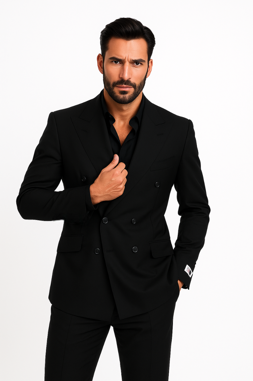 Tiglio Rosso Suit - Classic Fit Athletic Cut 100% Wool Super 150s Italian Fabric Peak Lapel in Color Dark Black