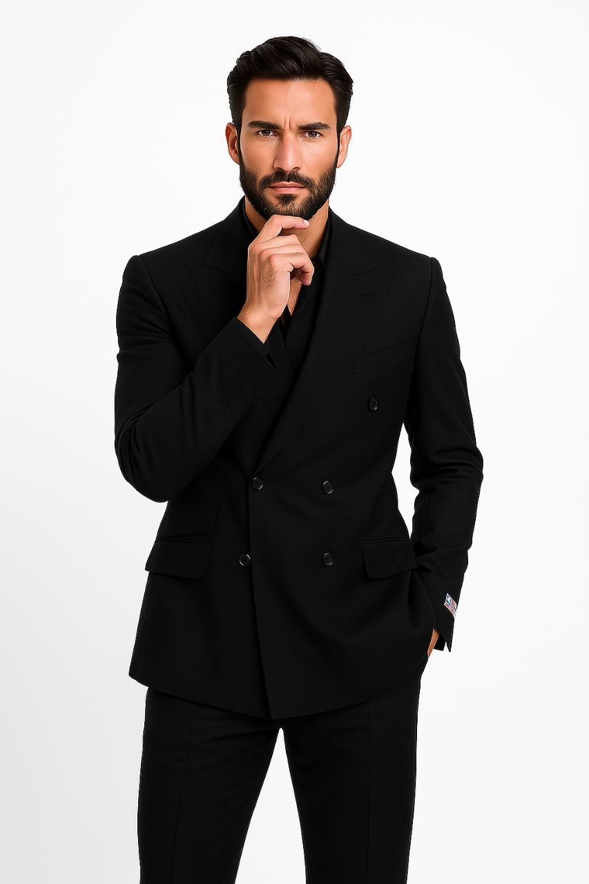Tiglio Rosso Suit - Classic Fit Athletic Cut 100% Wool Super 150s Italian Fabric Peak Lapel in Color Dark Black
