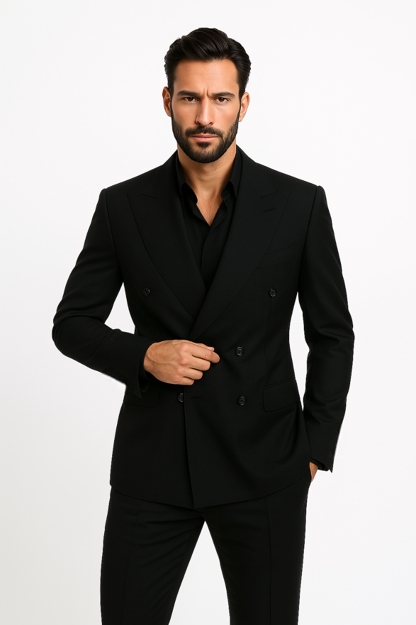 Tiglio Rosso Suit - Classic Fit Athletic Cut 100% Wool Super 150s Italian Fabric Peak Lapel in Color Dark Black