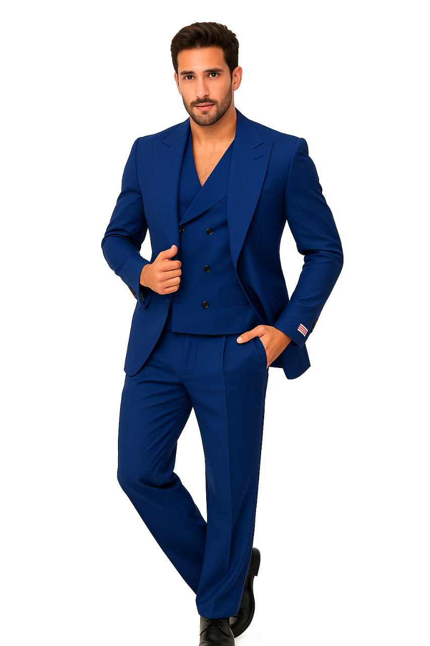 Tiglio Rosso Suit - Classic Fit Athletic Cut 100% Wool Super 150s Italian Fabric Peak Lapel in Color Blue
