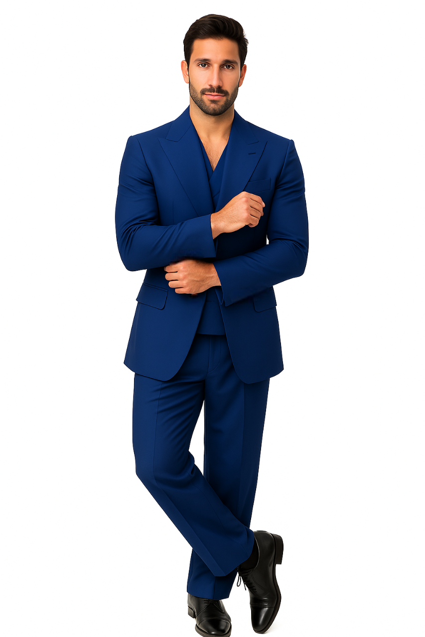 Tiglio Rosso Suit - Classic Fit Athletic Cut 100% Wool Super 150s Italian Fabric Peak Lapel in Color Blue