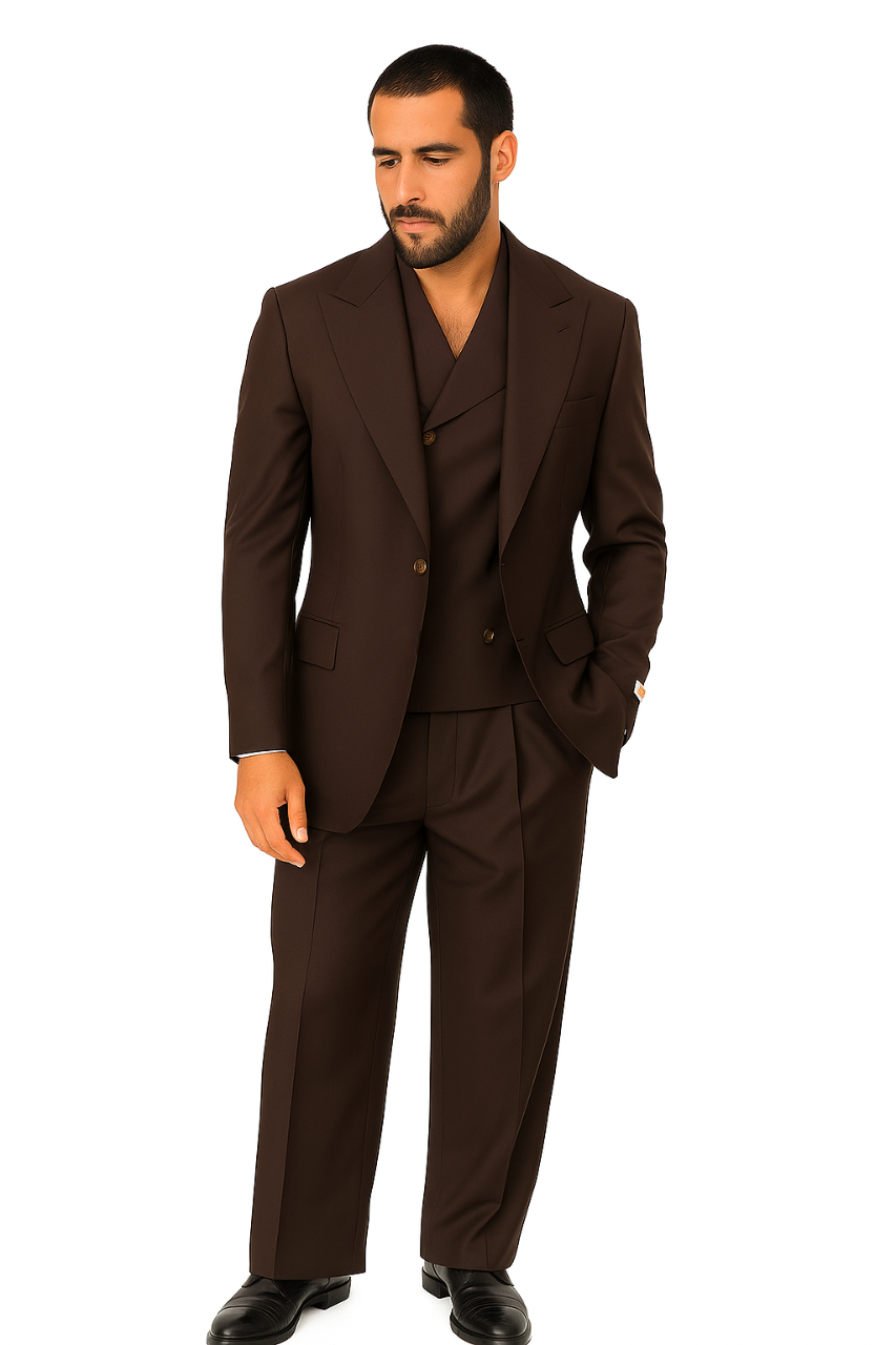 Tiglio Rosso Suit - Classic Fit Athletic Cut 100% Wool Super 150s Italian Fabric Peak Lapel in Color Chocolate Brown