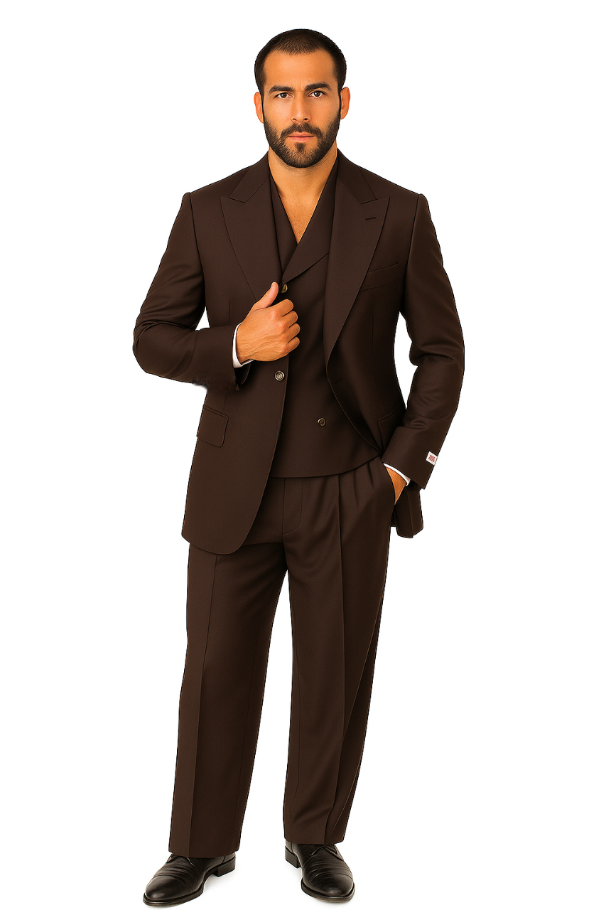 Tiglio Rosso Suit - Classic Fit Athletic Cut 100% Wool Super 150s Italian Fabric Peak Lapel in Color Chocolate Brown