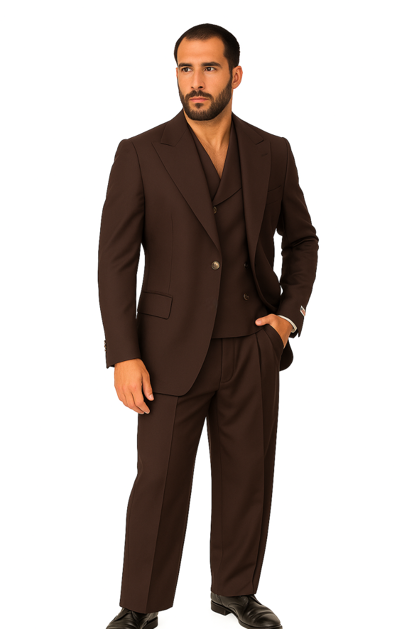 Tiglio Rosso Suit - Classic Fit Athletic Cut 100% Wool Super 150s Italian Fabric Peak Lapel in Color Chocolate Brown