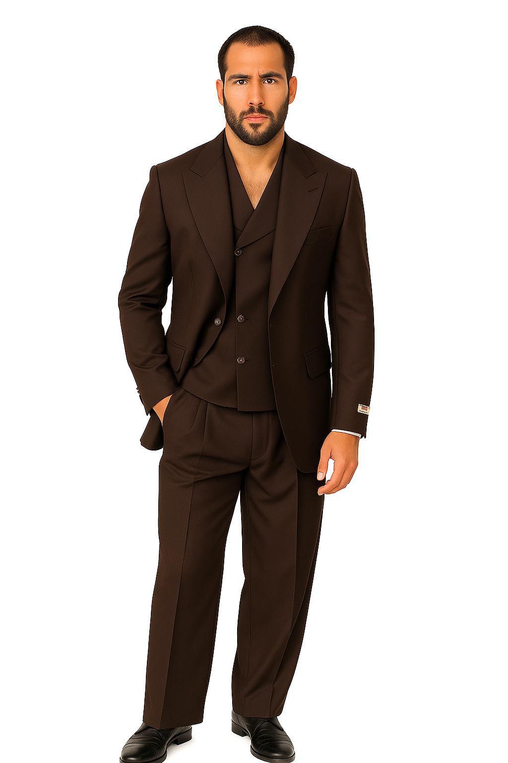 Tiglio Rosso Suit - Classic Fit Athletic Cut 100% Wool Super 150s Italian Fabric Peak Lapel in Color Chocolate Brown