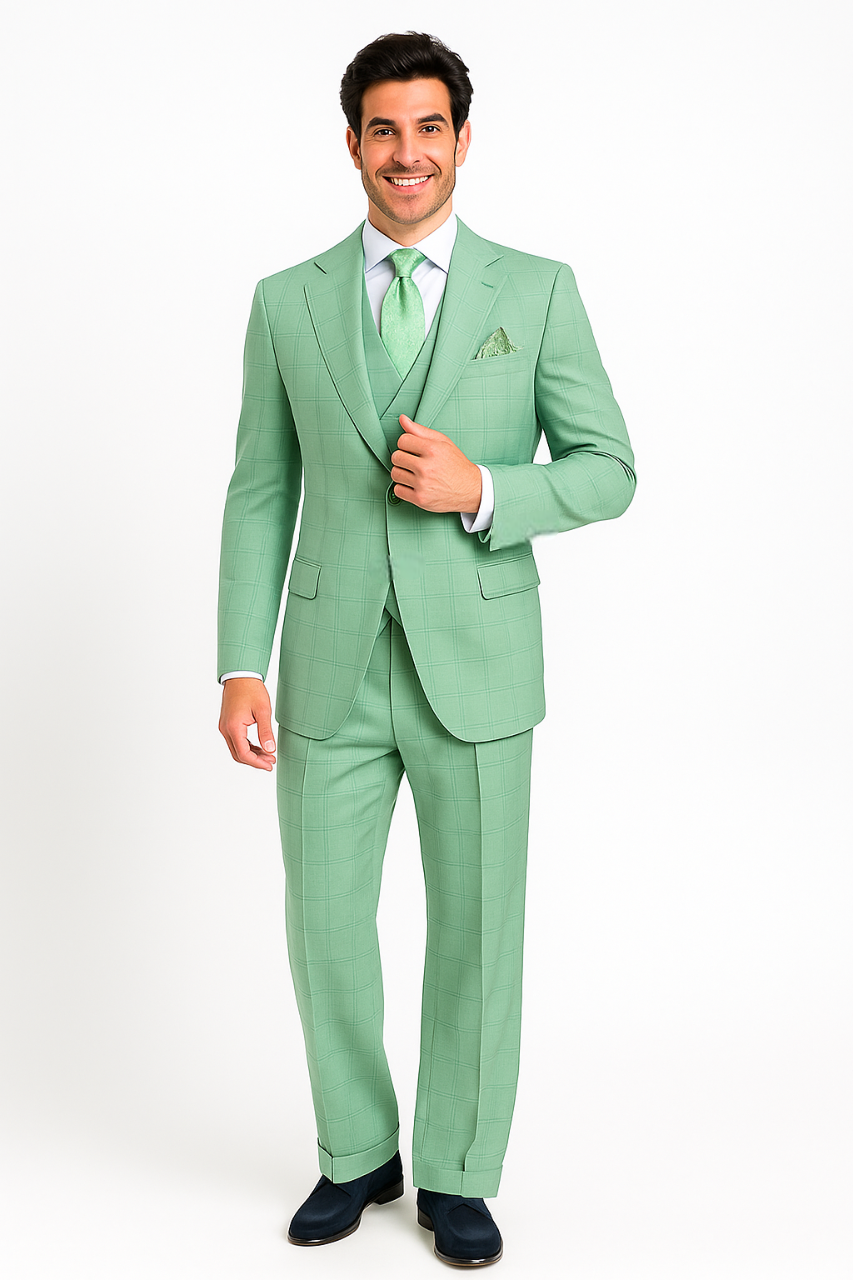Tiglio Rosso Suit - Classic Fit Athletic Cut 100% Wool Super 150s Italian Fabric Peak Lapel in Color Mint Green