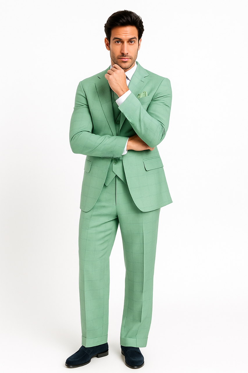 Tiglio Rosso Suit - Classic Fit Athletic Cut 100% Wool Super 150s Italian Fabric Peak Lapel in Color Mint Green
