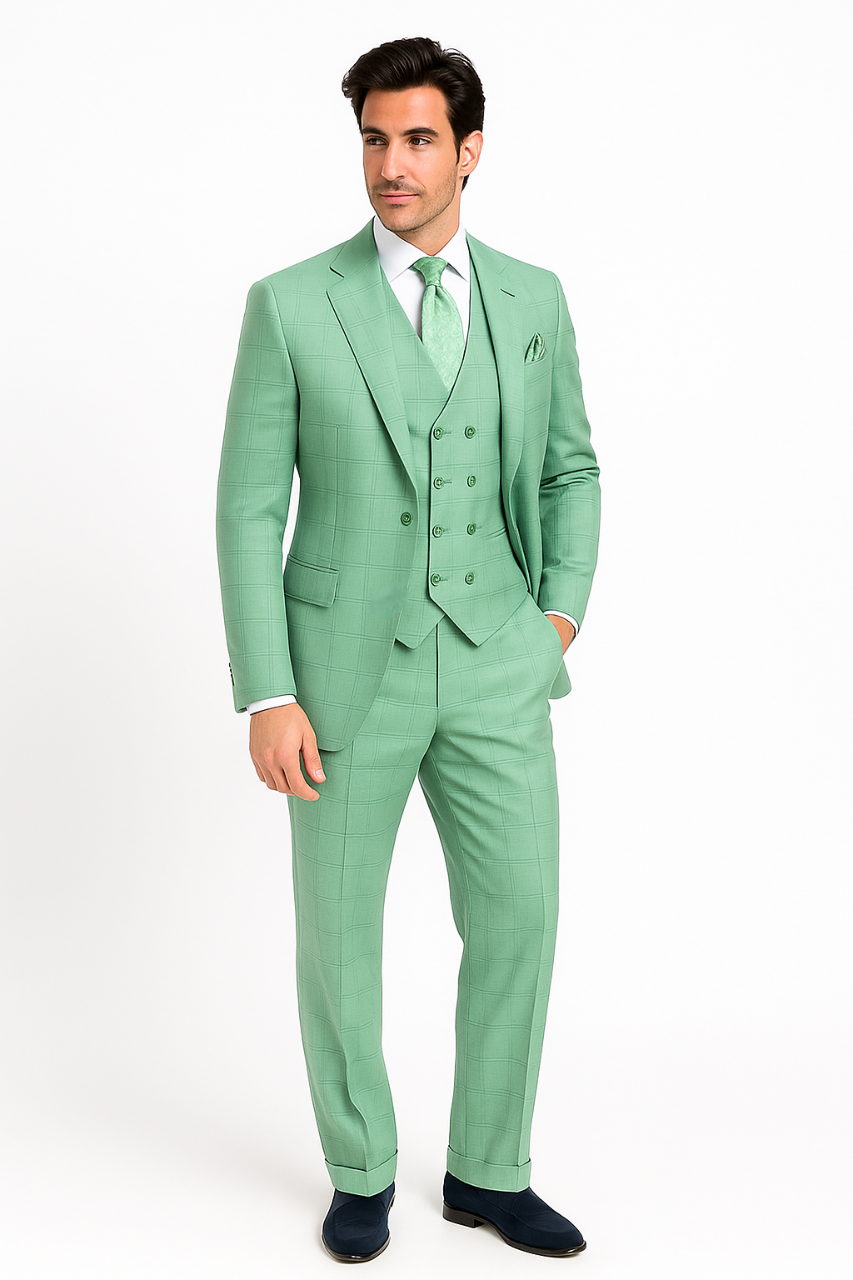 Tiglio Rosso Suit - Classic Fit Athletic Cut 100% Wool Super 150s Italian Fabric Peak Lapel in Color Mint Green