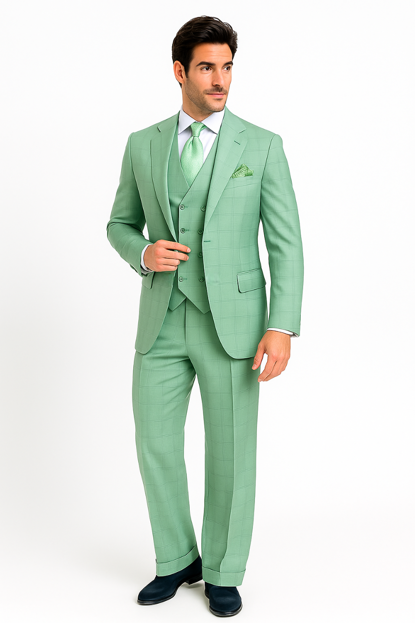 Tiglio Rosso Suit - Classic Fit Athletic Cut 100% Wool Super 150s Italian Fabric Peak Lapel in Color Mint Green