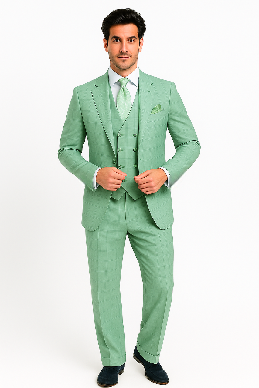 Tiglio Rosso Suit - Classic Fit Athletic Cut 100% Wool Super 150s Italian Fabric Peak Lapel in Color Mint Green