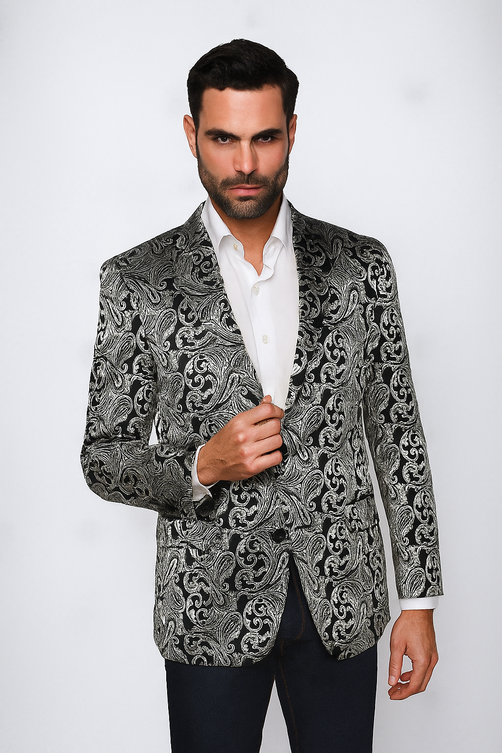 Alberto Nardoni Paisley Floral Tuxedo Matching Fashion Bow Tie Sport Coat Silver Gray Grey