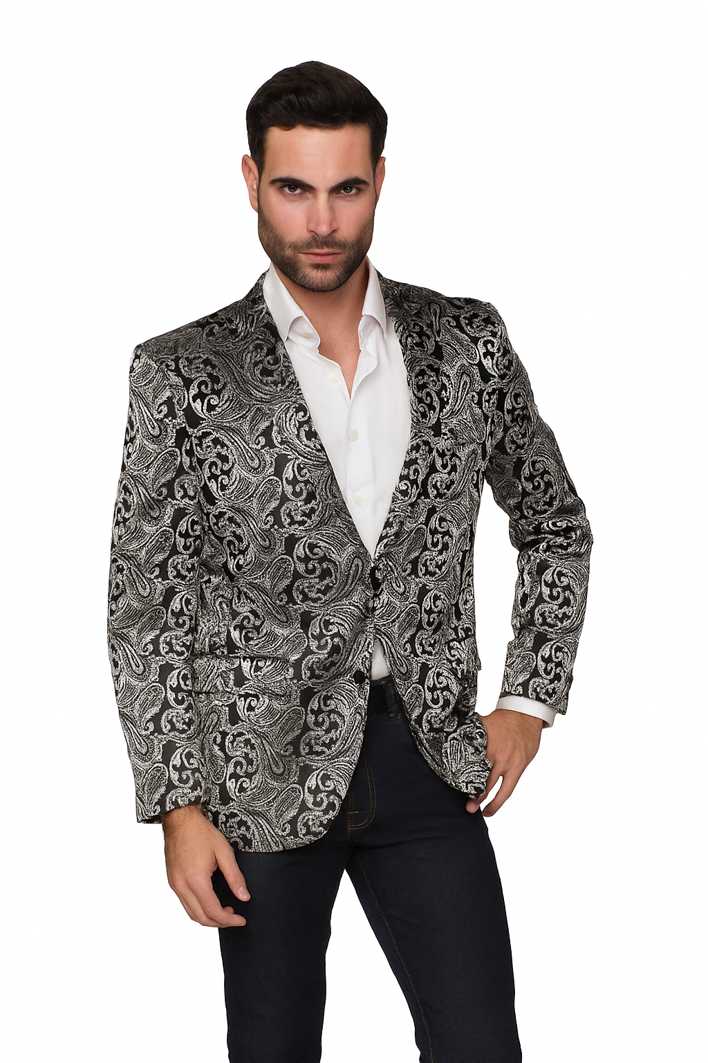 Alberto Nardoni Paisley Floral Tuxedo Matching Fashion Bow Tie Sport Coat Silver Gray Grey