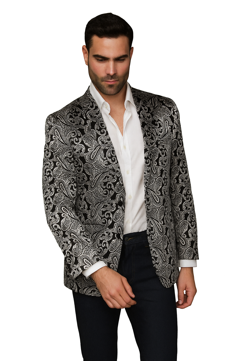 Alberto Nardoni Paisley Floral Tuxedo Matching Fashion Bow Tie Sport Coat Silver Gray Grey