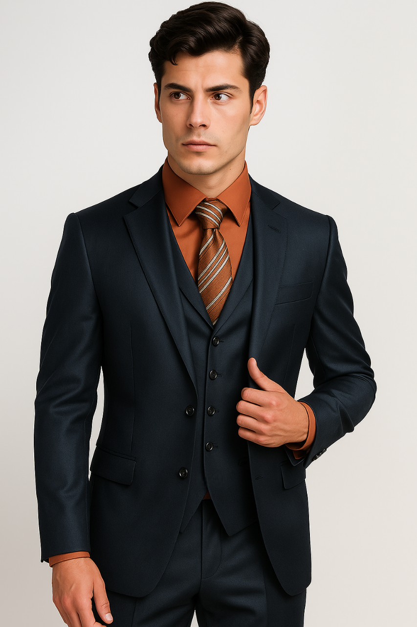 Men's 3 Piece Sharkskin Suit Flat Front Pants Shiny Flashy Satin Silky Metallic Blue