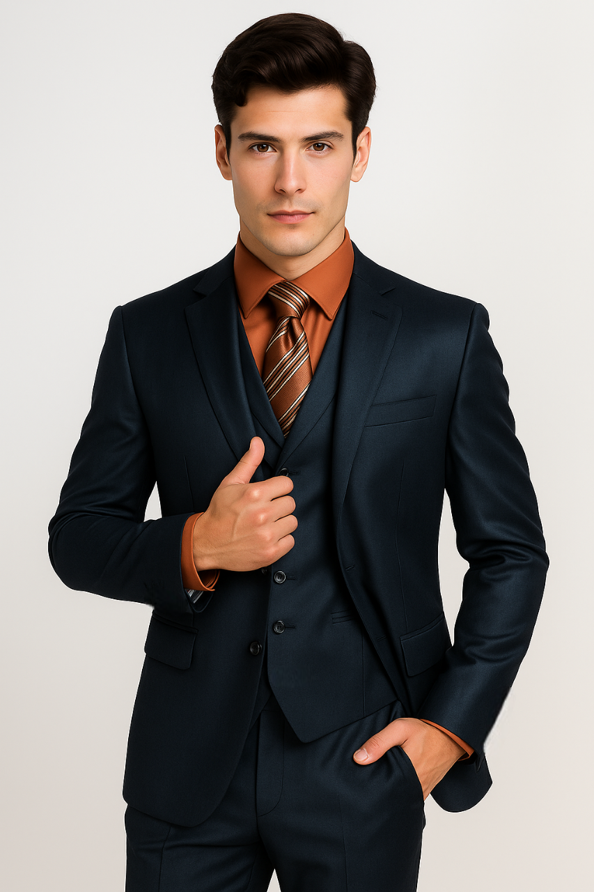 Men's 3 Piece Sharkskin Suit Flat Front Pants Shiny Flashy Satin Silky Metallic Blue