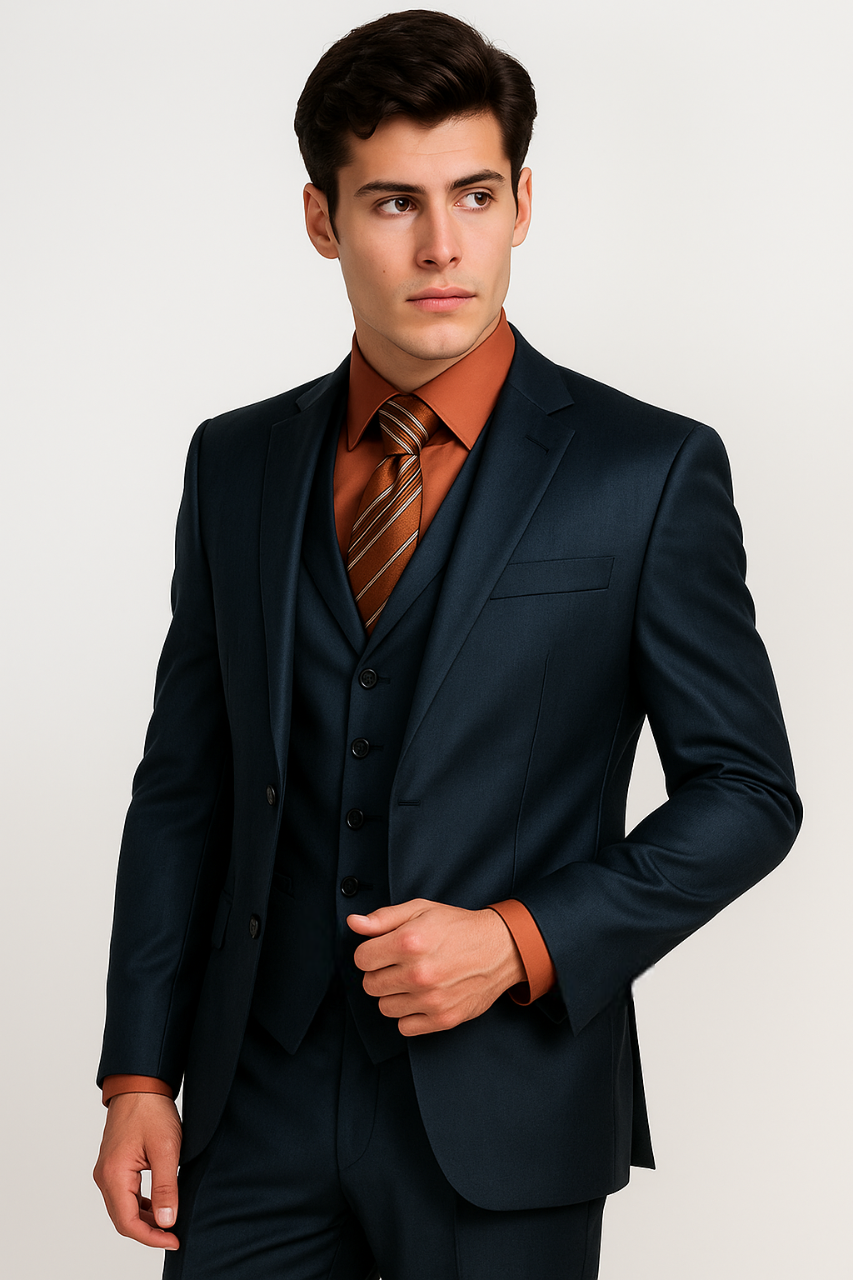 Men's 3 Piece Sharkskin Suit Flat Front Pants Shiny Flashy Satin Silky Metallic Blue