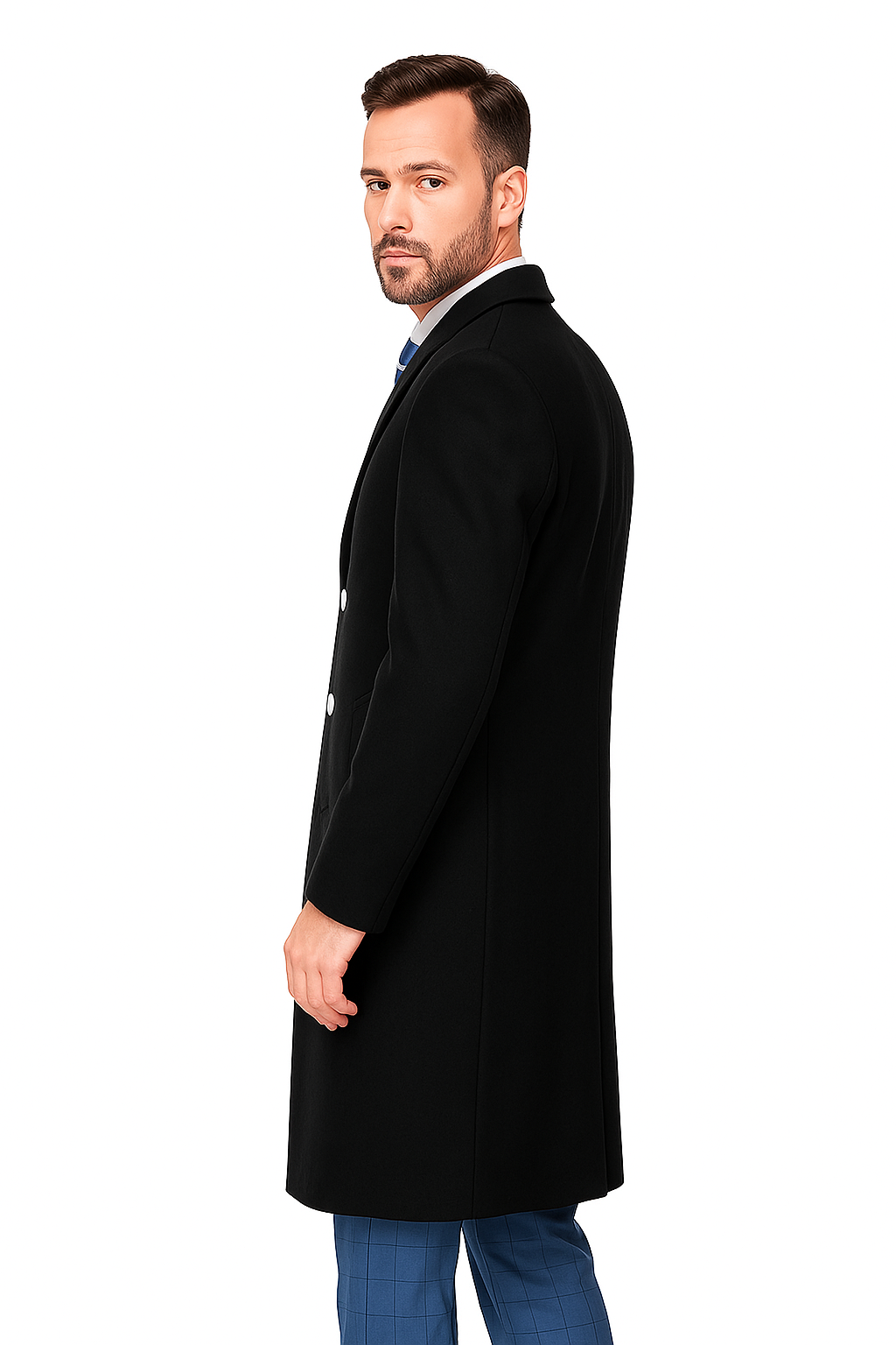 Classic Black Overcoat for Men – Wool Blend Modern Fit with Two Buttons