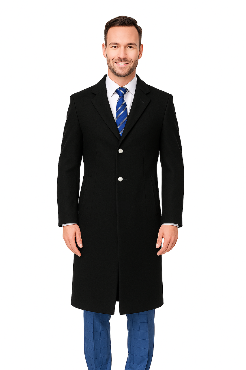 Classic Black Overcoat for Men – Wool Blend Modern Fit with Two Buttons