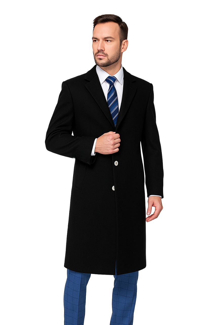 Classic Black Overcoat for Men – Wool Blend Modern Fit with Two Buttons