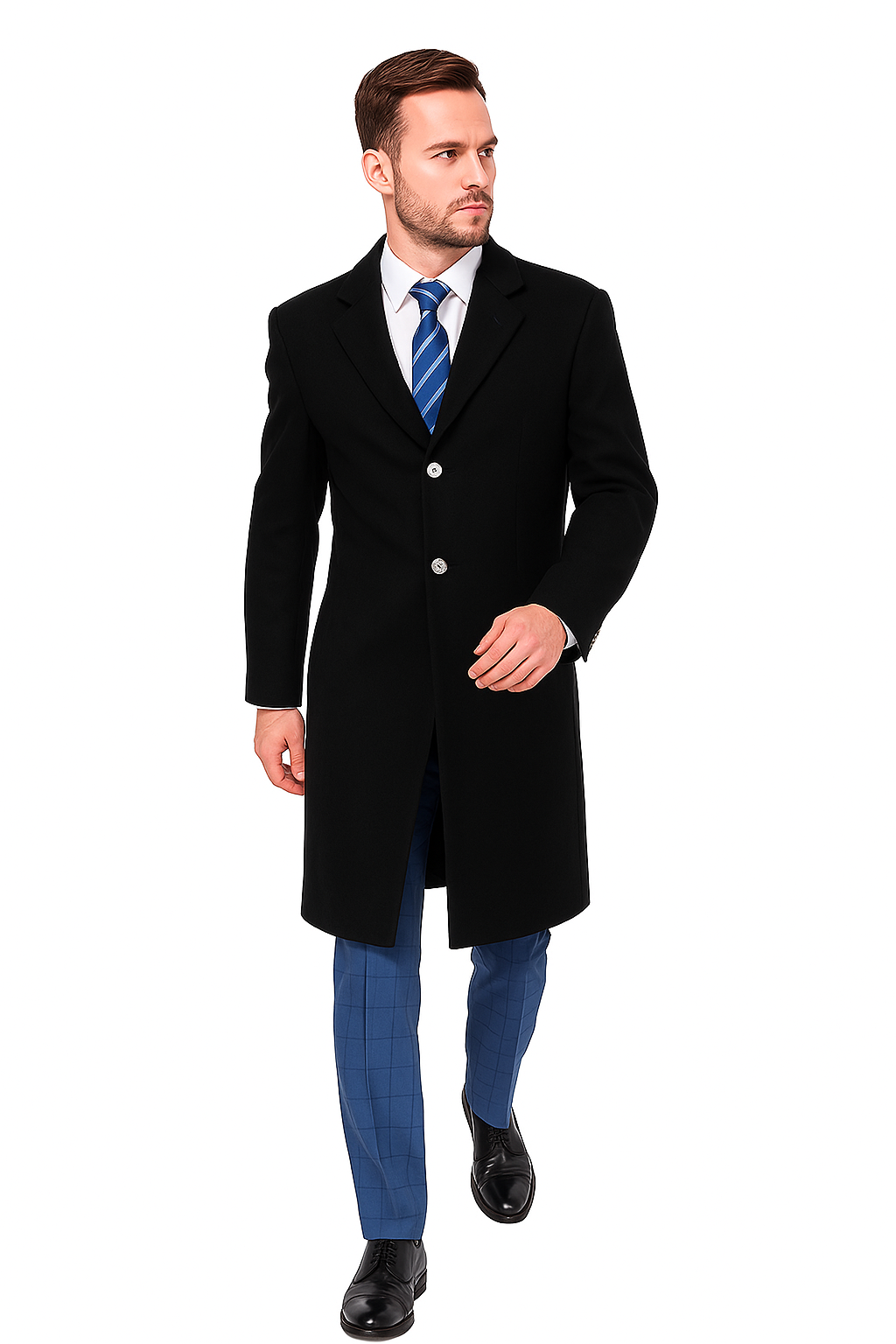 Classic Black Overcoat for Men – Wool Blend Modern Fit with Two Buttons