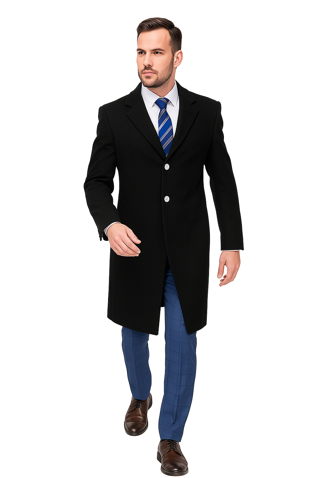 Classic Black Overcoat for Men – Wool Blend Modern Fit with Two Buttons