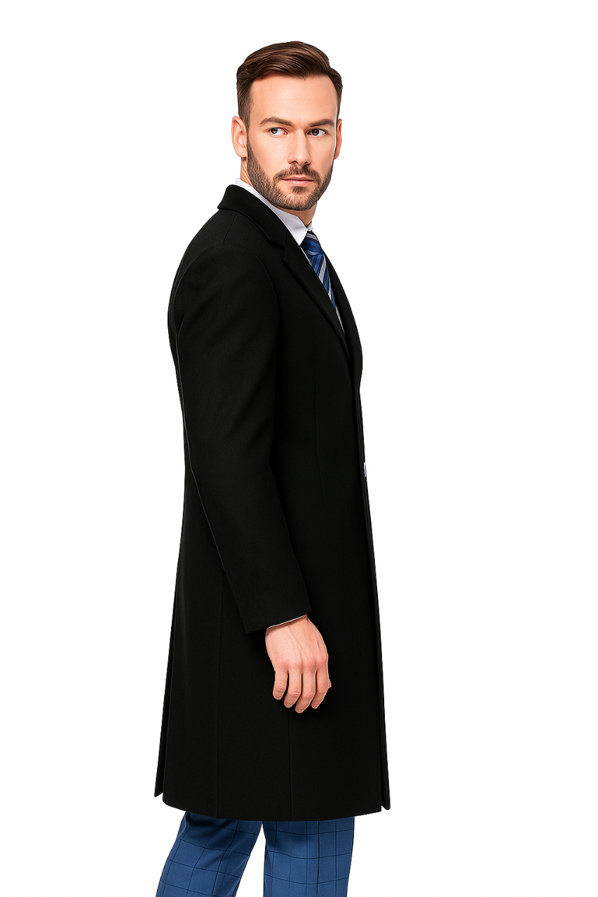 Classic Black Overcoat for Men – Wool Blend Modern Fit with Two Buttons