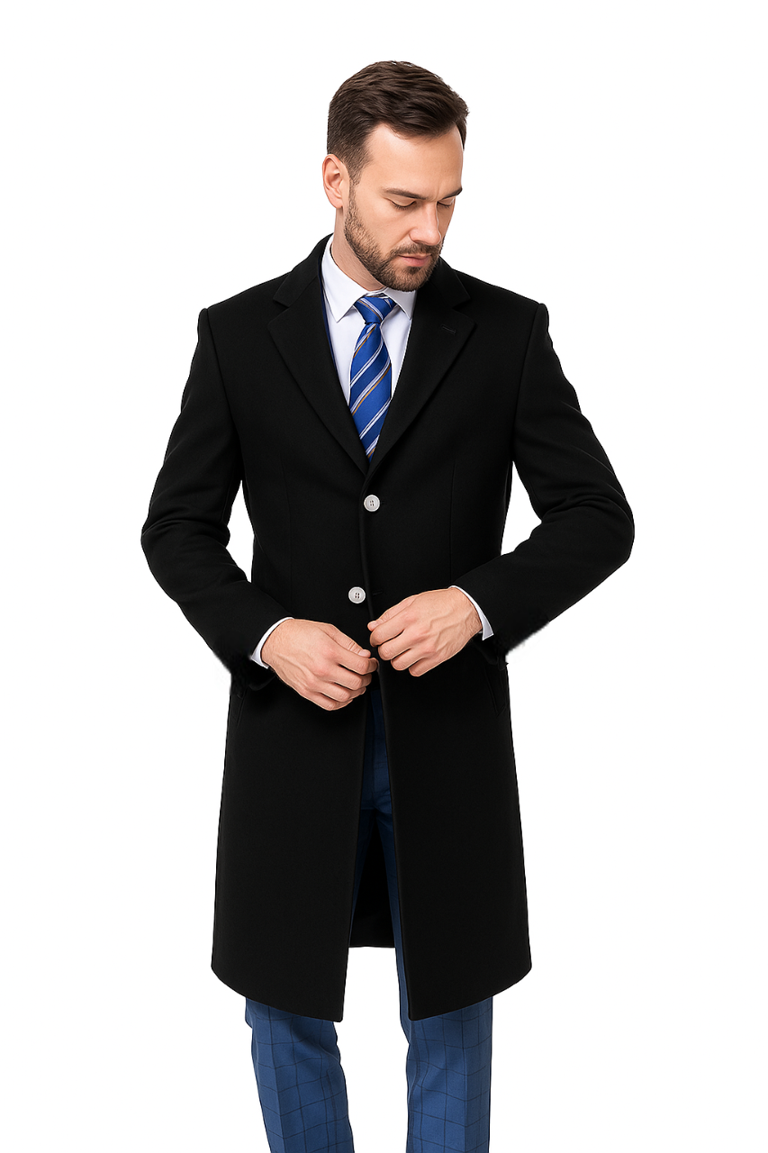 Classic Black Overcoat for Men – Wool Blend Modern Fit with Two Buttons