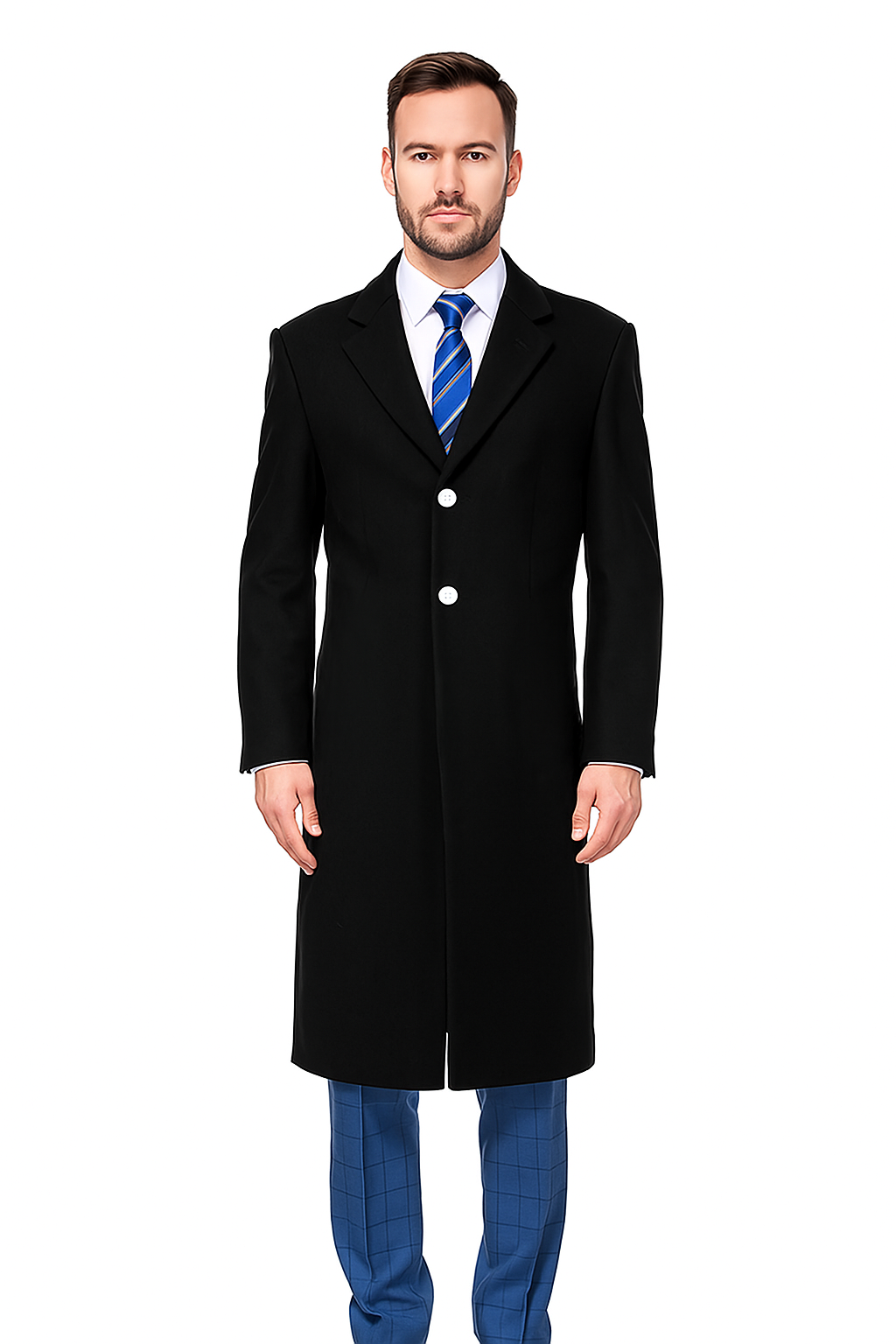 Classic Black Overcoat for Men – Wool Blend Modern Fit with Two Buttons