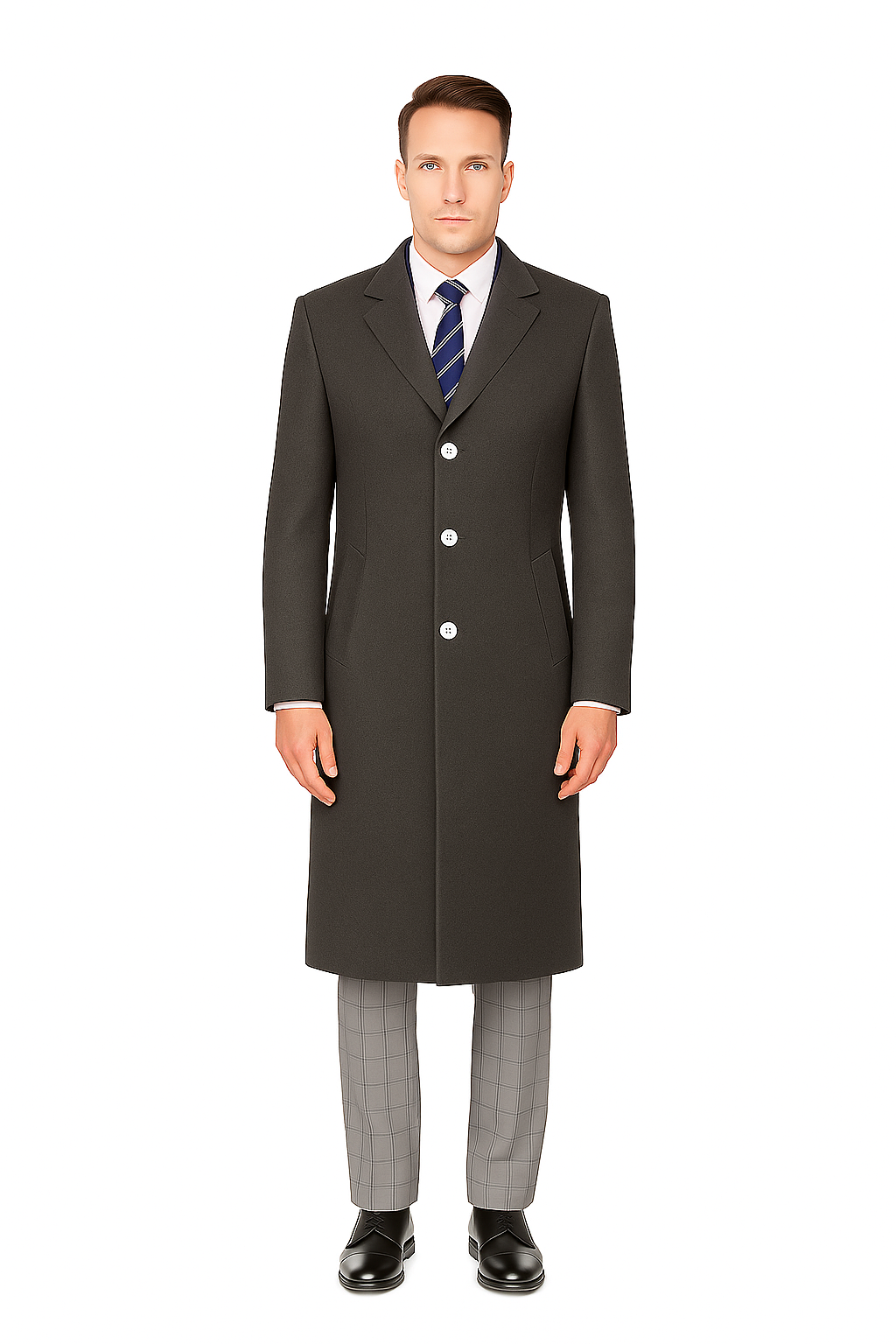 Classic Charcoal Overcoat for Men – Wool Blend Solid Pattern Modern Design
