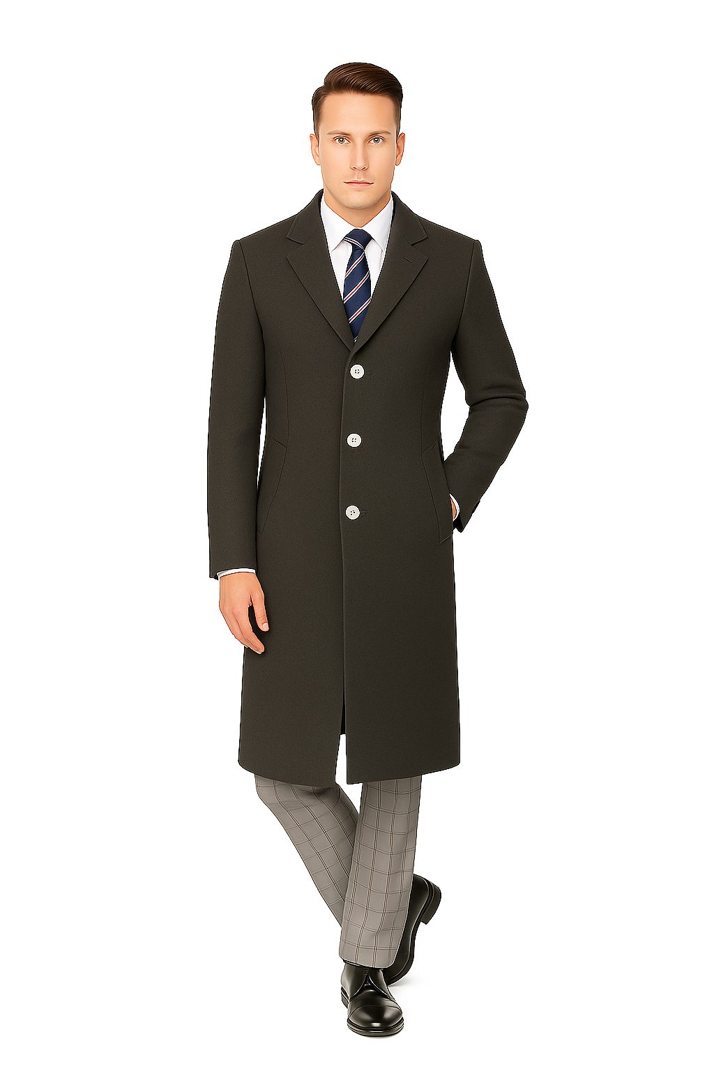 Classic Charcoal Overcoat for Men – Wool Blend Solid Pattern Modern Design