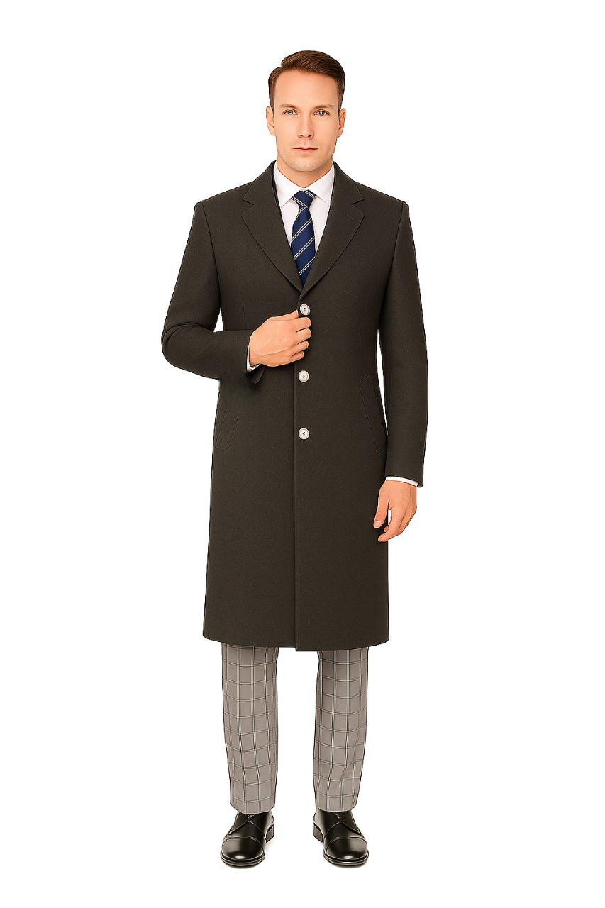 Classic Charcoal Overcoat for Men – Wool Blend Solid Pattern Modern Design