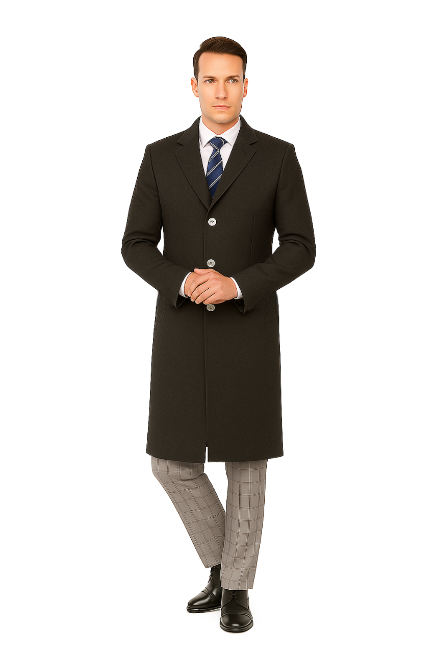 Classic Charcoal Overcoat for Men – Wool Blend Solid Pattern Modern Design