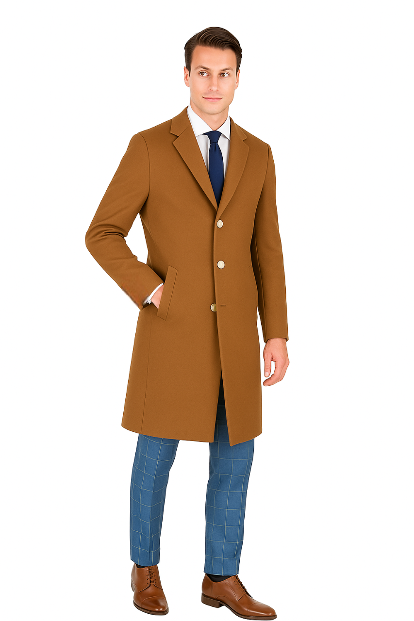 Mens Caramel Wool Blend Overcoat – Modern Fit Solid Pattern Classic Style