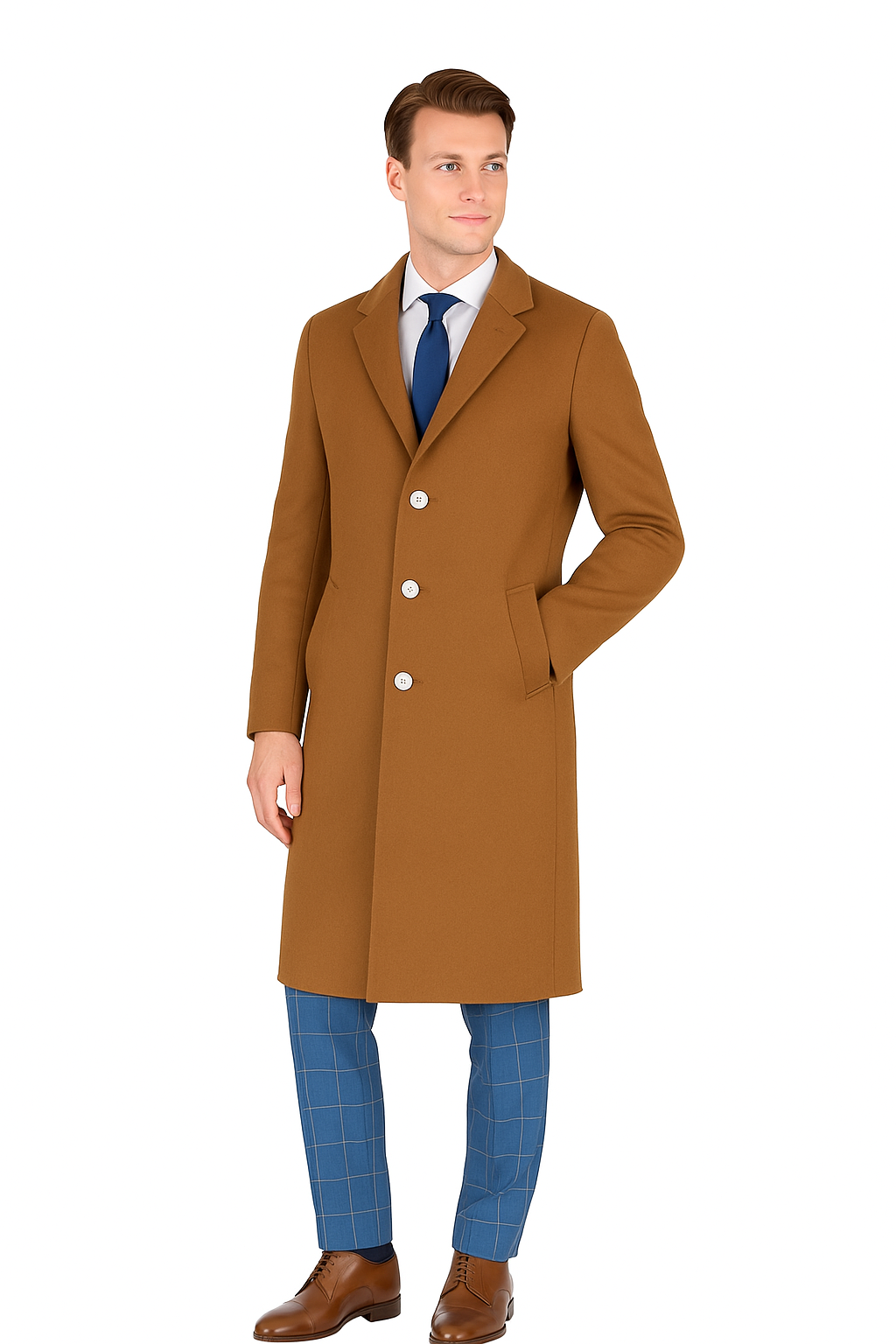 Mens Caramel Wool Blend Overcoat – Modern Fit Solid Pattern Classic Style