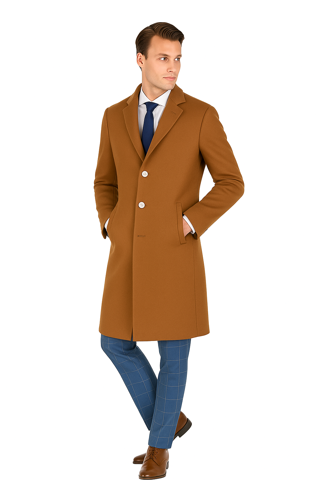 Mens Caramel Wool Blend Overcoat – Modern Fit Solid Pattern Classic Style