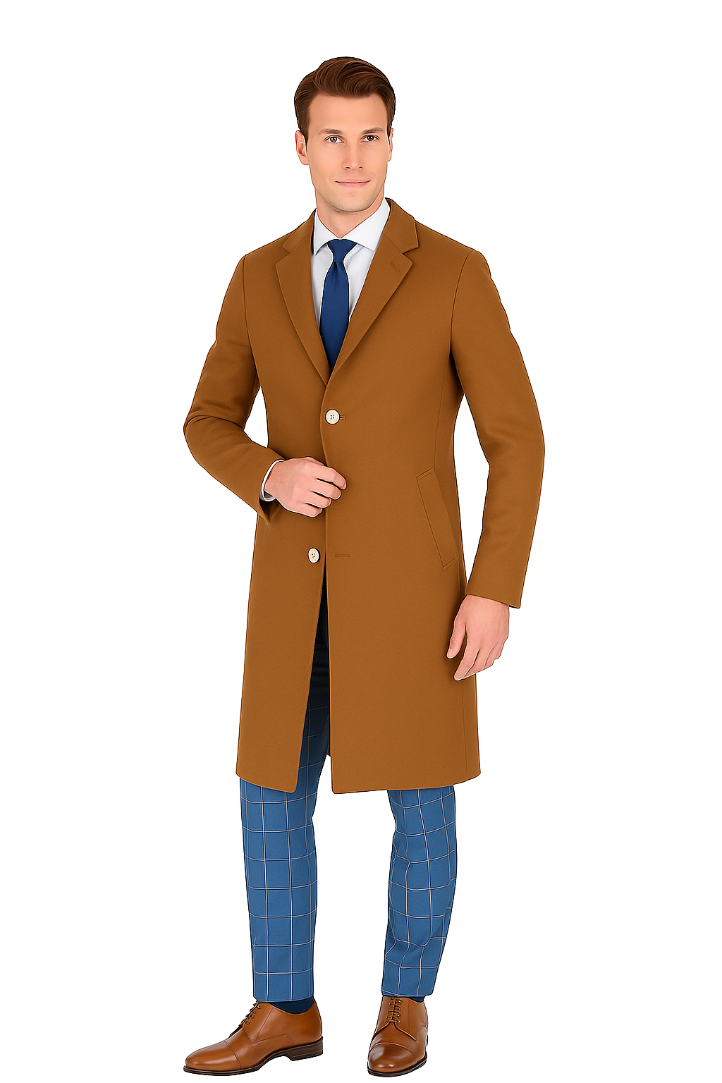 Mens Caramel Wool Blend Overcoat – Modern Fit Solid Pattern Classic Style