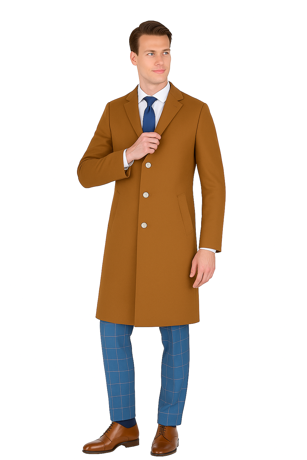 Mens Caramel Wool Blend Overcoat – Modern Fit Solid Pattern Classic Style