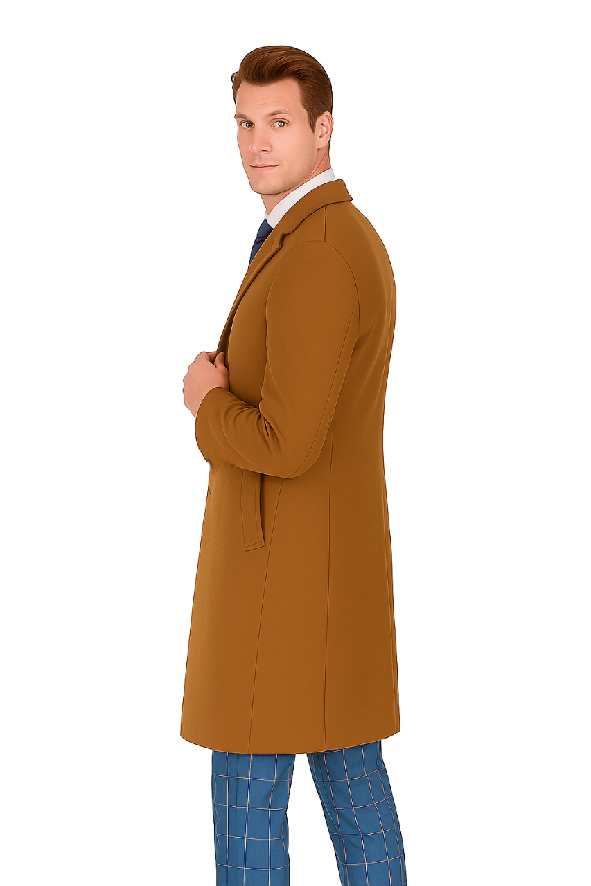 Mens Caramel Wool Blend Overcoat – Modern Fit Solid Pattern Classic Style