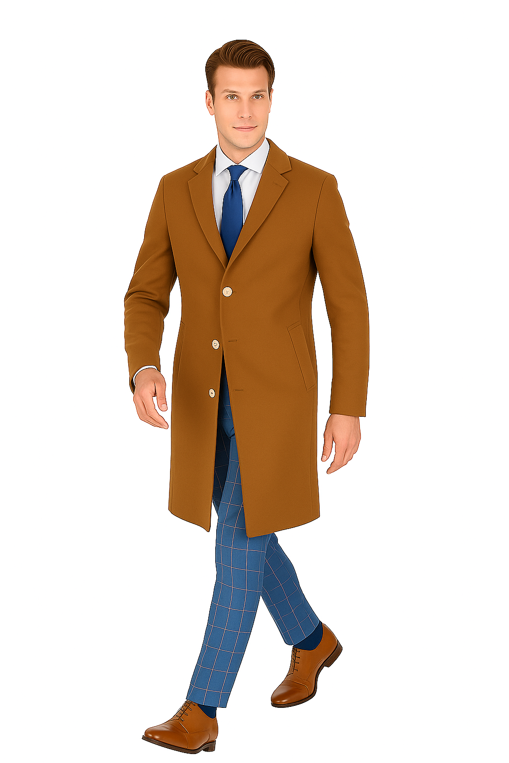Mens Caramel Wool Blend Overcoat – Modern Fit Solid Pattern Classic Style