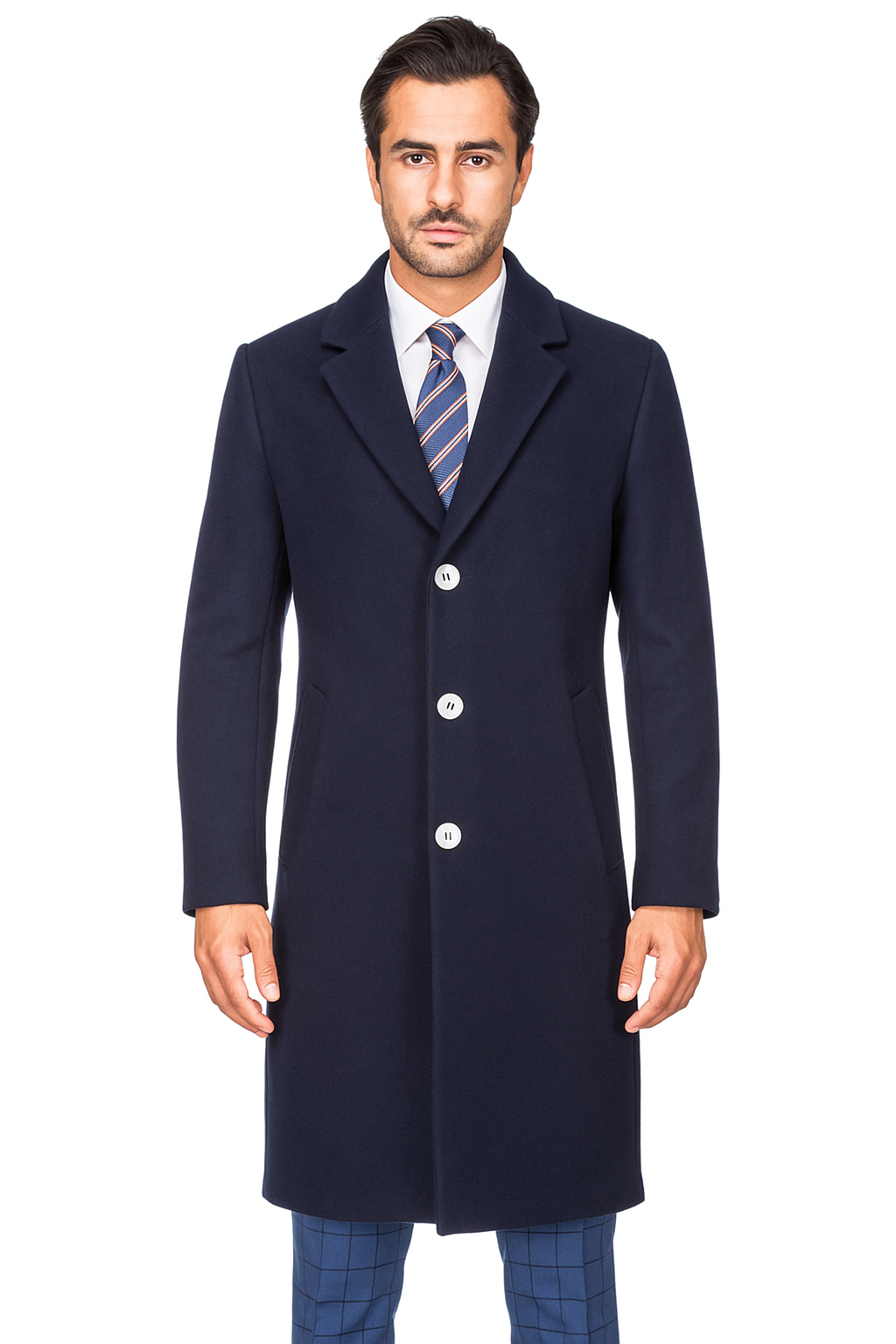 Stylish Navy Overcoat for Men – Solid Wool Blend with Sleek Fit