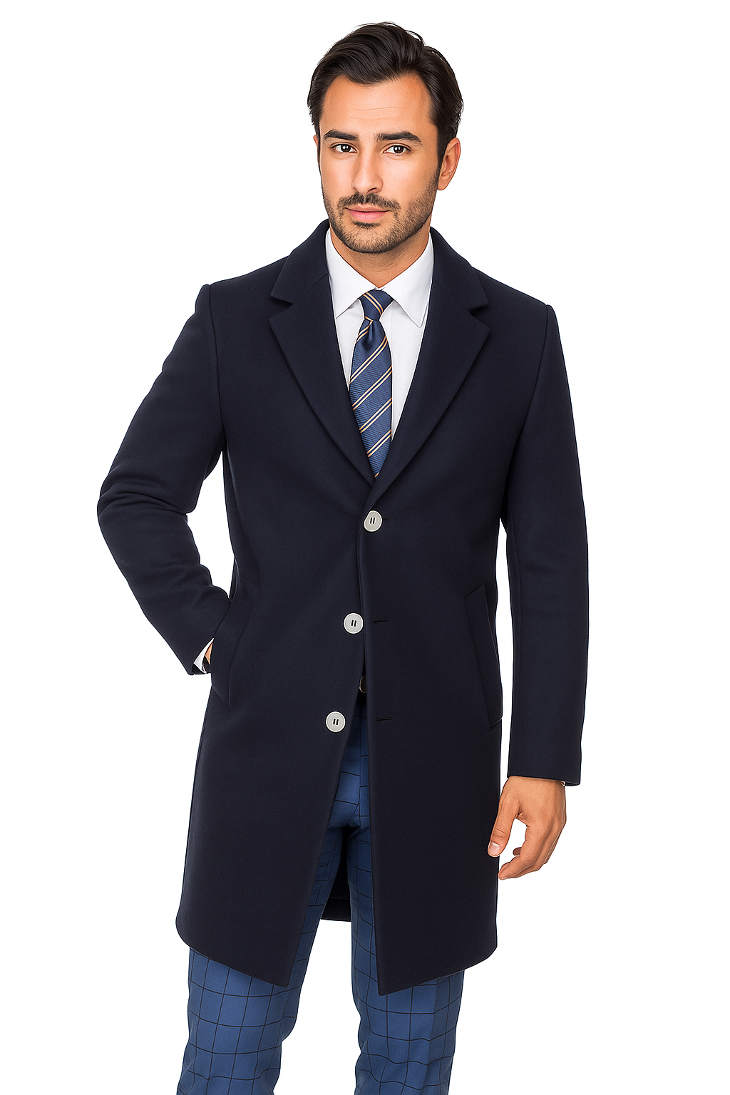 Stylish Navy Overcoat for Men – Solid Wool Blend with Sleek Fit