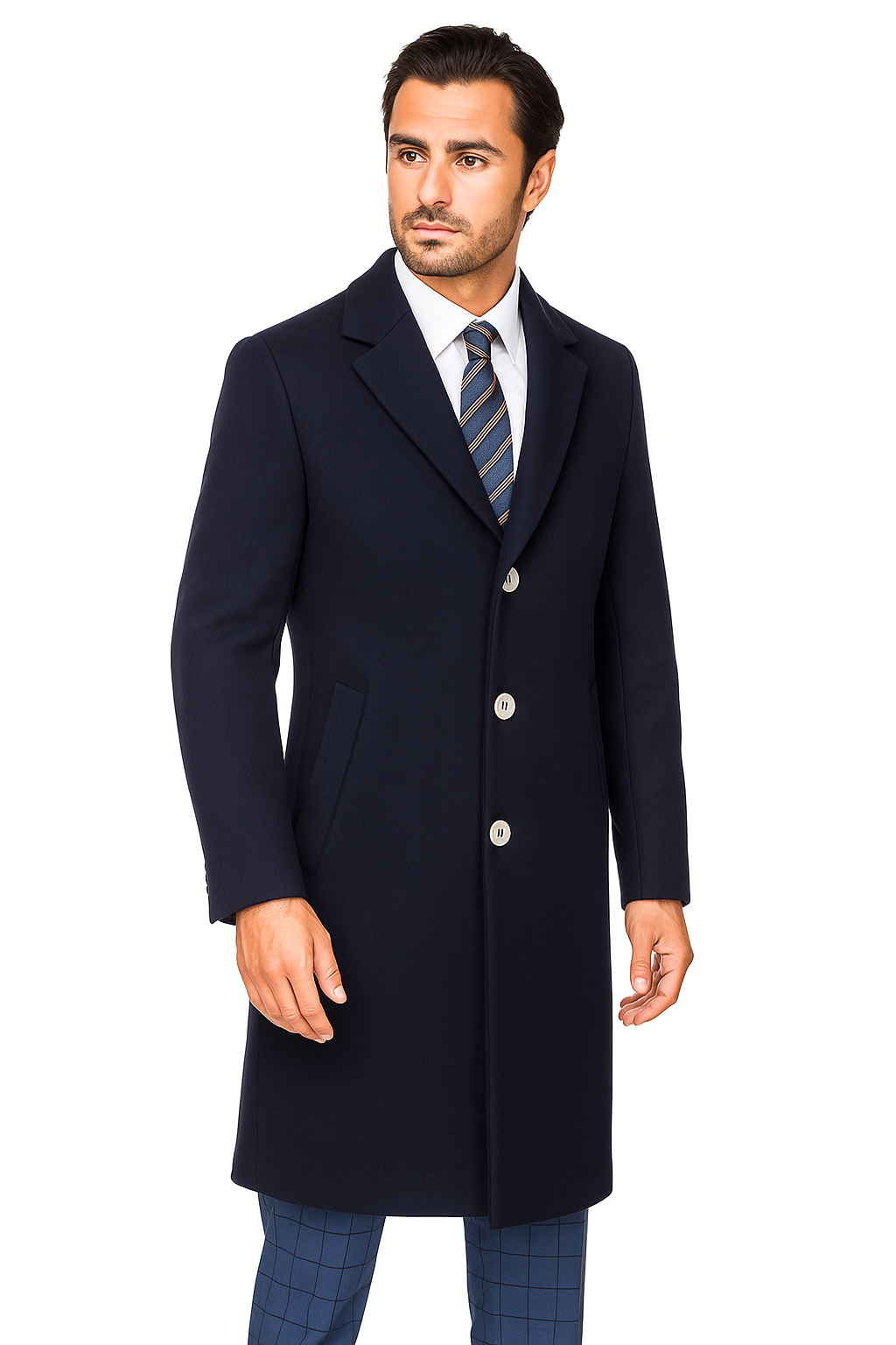 Stylish Navy Overcoat for Men – Solid Wool Blend with Sleek Fit