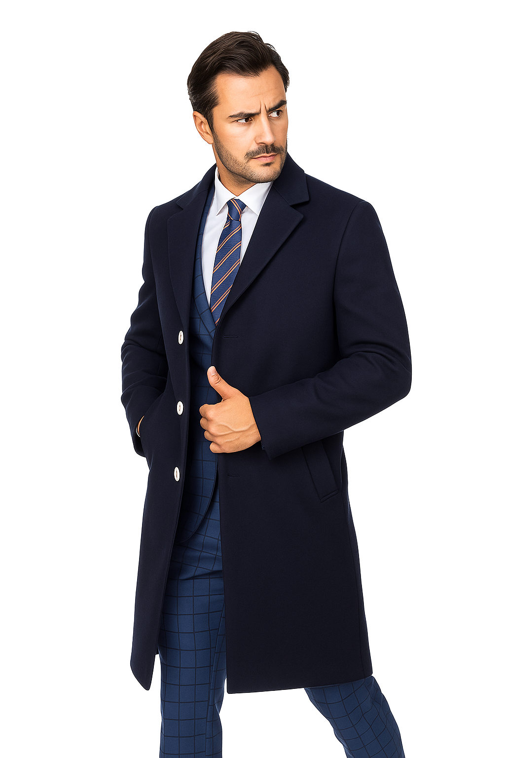 Stylish Navy Overcoat for Men – Solid Wool Blend with Sleek Fit