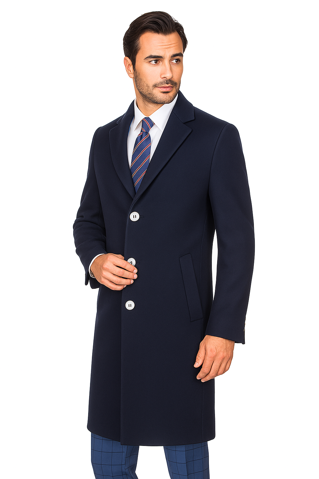 Stylish Navy Overcoat for Men – Solid Wool Blend with Sleek Fit