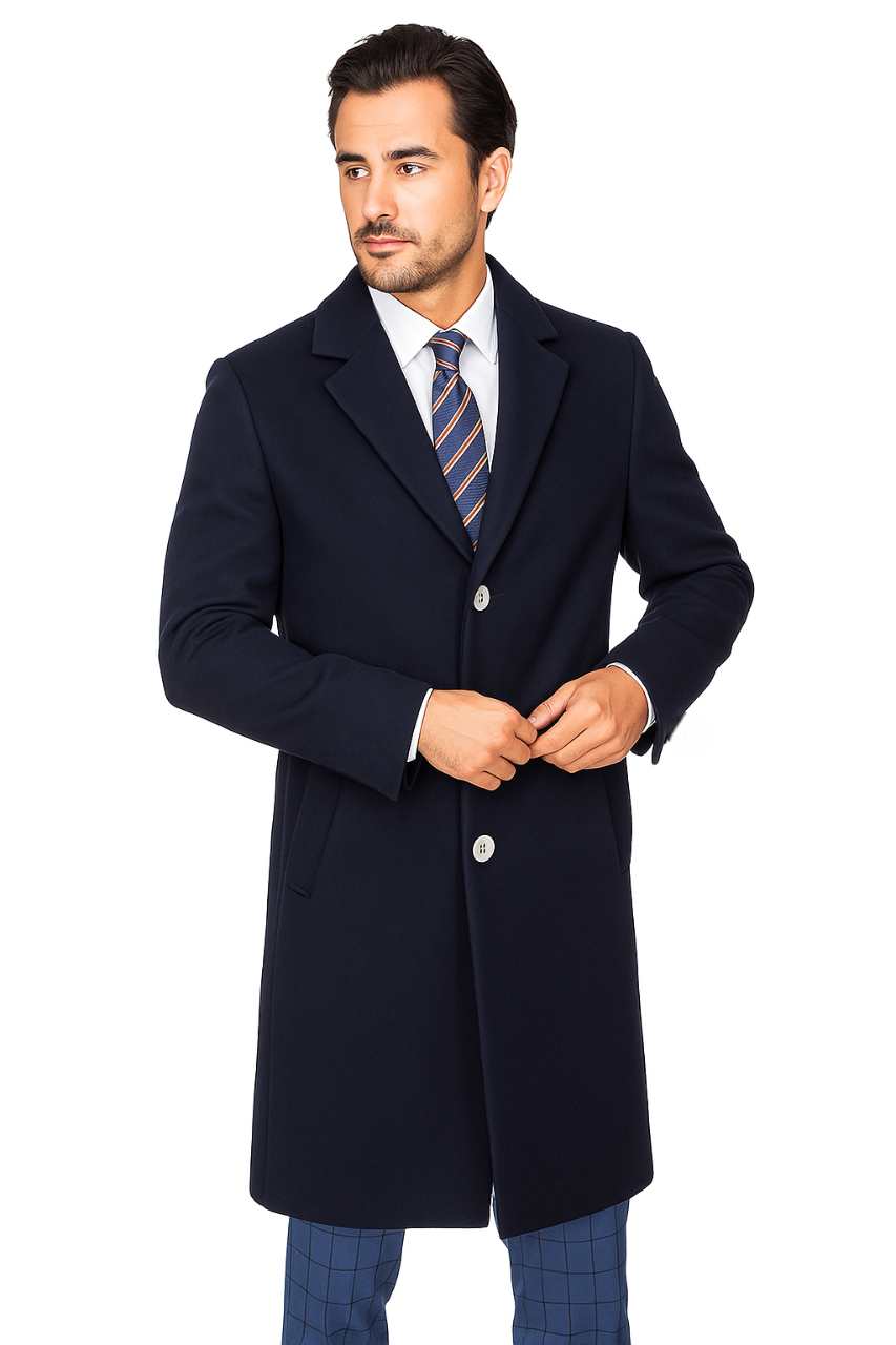 Stylish Navy Overcoat for Men – Solid Wool Blend with Sleek Fit
